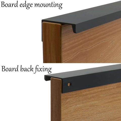 Heavy Duty Black Aluminum Finger Pull Handles For Kitchen Cabinets And Drawers Ergonomic One Handed Grip Design No Sweat Glide Operation Set Of Six Pieces With Mounting Hardware showing board edge and back fixing.