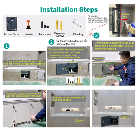 Installation steps for Top Tier Heavy Duty Steel Drywall Access Panel Kit With Flush Tile Cover for wiring and plumbing.