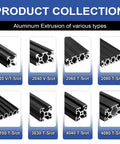 Image displaying various types of aluminum extrusions, including Two Pack 2080 T Slot Aluminum Extrusion 300mm Black Profile 20x80.