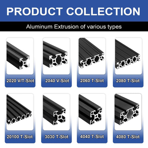 Product collection of aluminum extrusions showing different T-slot profiles, including 2020, 2040, 2060, 2080, 20100, 3030, 4040, 4080 T-slots.