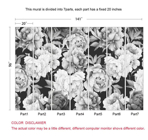 Black And White Peonies Watercolor Floral Wallpaper Mural Dope Look For Bedroom And Living Room Not Peel And Stick 141 X 96 Inches, Cut Into 7 Strips, Paste Required, Easy Assembly