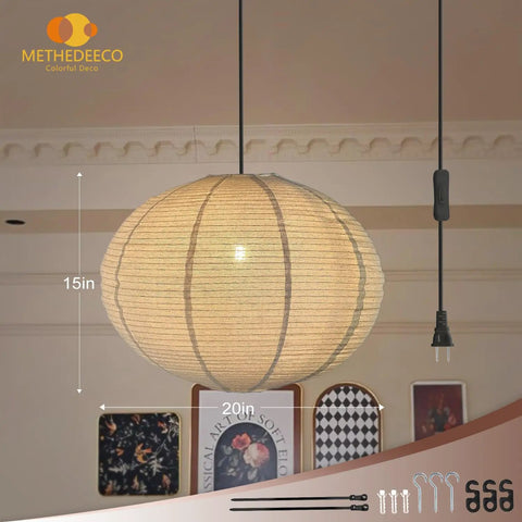 20 Inch Natural Linen Plug In Pendant Light With 16 Foot Cord And E26 Socket Renter Friendly No Sweat Setup, 15in height.