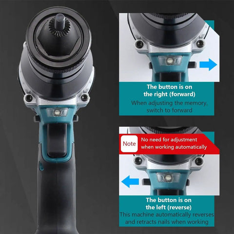 Close-up of Pro-Tier Heavy Duty Cordless Rivet Gun Electric Automatic showing button controls for forward and reverse adjustment.