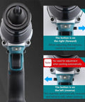 Portable Cordless Rivet Gun Brushless Electric Blind Riveter Kit With Two Batteries showing control buttons for forward and reverse operation.