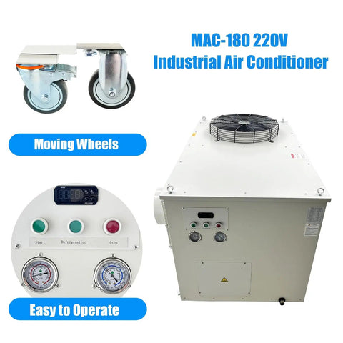 Heavy Duty Portable Industrial Air Conditioner Cranking Out An Insane 61000 Btu H Cooling Rush On 220V 3 Phase Power with wheels and controls.