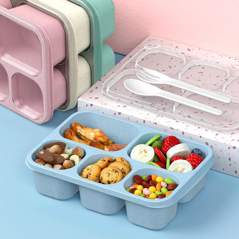 Four Pack 5 Compartment Wheat Straw Lunch Box Set For Adults And Kids Reusable BPA Free Stackable Meal Prep Containers