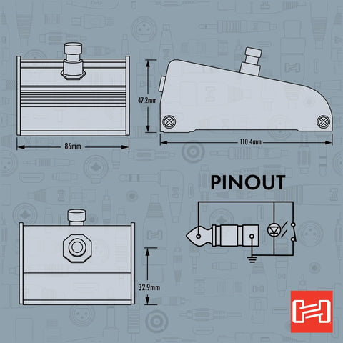 Technical diagram of Guitar Style Footswitch With Single Latching Action For Effects Pedals, showing dimensions and pinout.