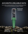 Gen2 Smart Soil Moisture Sensor With Capacitive Sensing For Garden Plants, Zigbee Hub Required, shown with labels for enhanced antenna, capacitive monitoring, and minimum depth line.