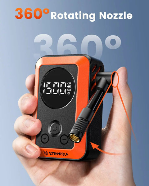 Hand holding 20 Second Fast Inflate Mini Bike Pump With Gauge 150 PSI Portable Electric Bicycle Air Pump, showing 360-degree nozzle