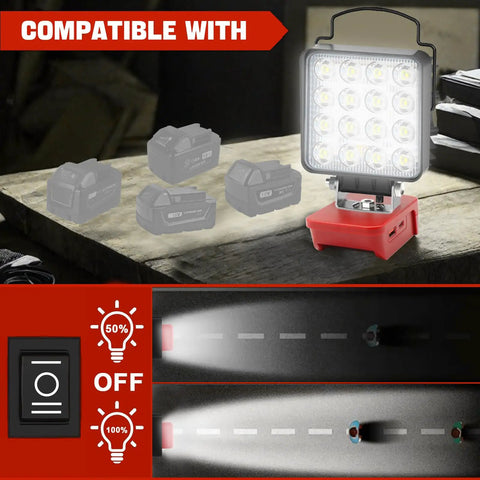 Cordless LED Work Light With 6000 Lumen Output And 38W Power, 2 Modes, Wide Beam Flood Light, USB Ports, battery view