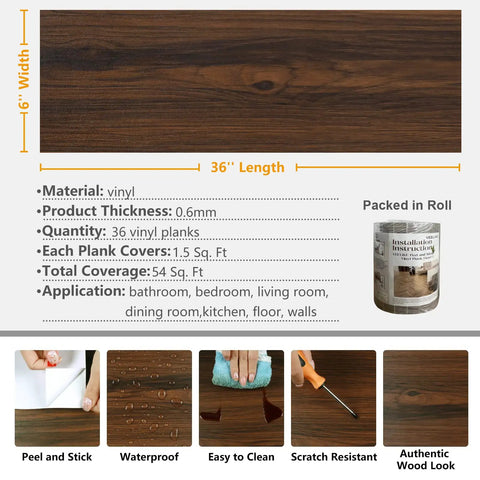 Image showing the dark brown peel and stick floor tiles 6x36 inch waterproof vinyl planks self adhesive wood look flooring details.