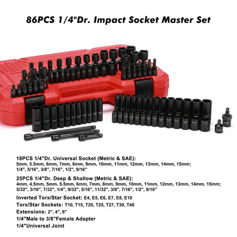 Heavy Duty Eighty Six Piece One Quarter Inch Drive Impact Socket Set With Adapters U Joint Extensions and Torx Sockets displayed on red case