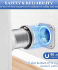 Dryer Vent Connector Kit With 5Ft Duct, 4 Clamps, And 4 Inch Airtight Quick Connect Coupling showing magnetic attachment to wall vent