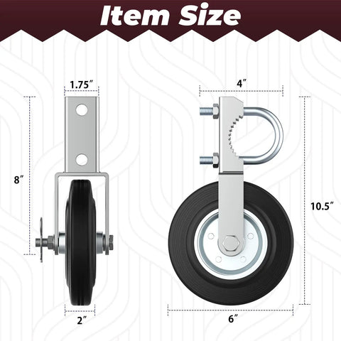 Heavy Duty Gate Wheels For Metal Swing And Sliding Fences Built To Crush A Massive Five Hundred Pound Weight Limit So Your Backyard Or Ranch Gate Rolls Smooth With Zero Sweat Includes Two Tough Support Casters, showing dimensions and design.