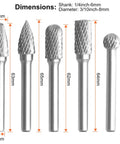 Front view of five-piece tungsten carbide rotary burr set with 1/4 in shanks; double-cut, 8 mm heads for die grinder