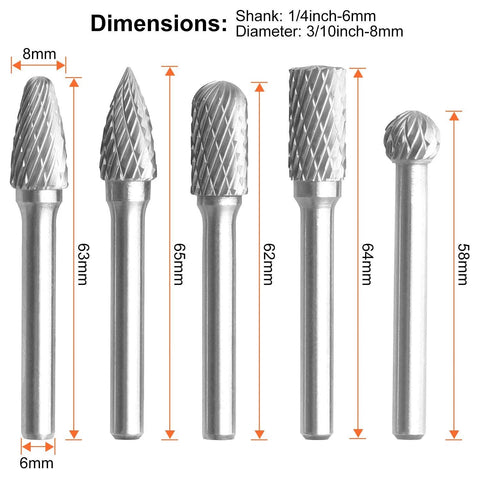 Front view of five-piece tungsten carbide rotary burr set with 1/4 in shanks; double-cut, 8 mm heads for die grinder