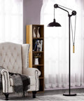 Stepless Dimmable Industrial Floor Lamp With Pulley System, Rustic Farmhouse Tall Arched Standing Lamp In Deep Bronze beside chair
