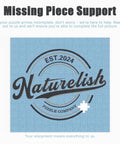 Naturelish Puzzle Company logo on incomplete jigsaw puzzle with missing piece support message