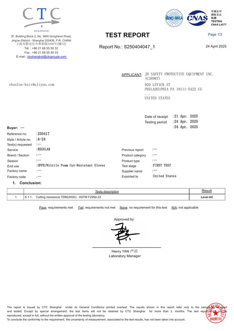 CTC test report for Ultra Thin 24G A5 Cut Resistant Gloves With HPPE, including ASTM Level A5 cut resistance certification details.