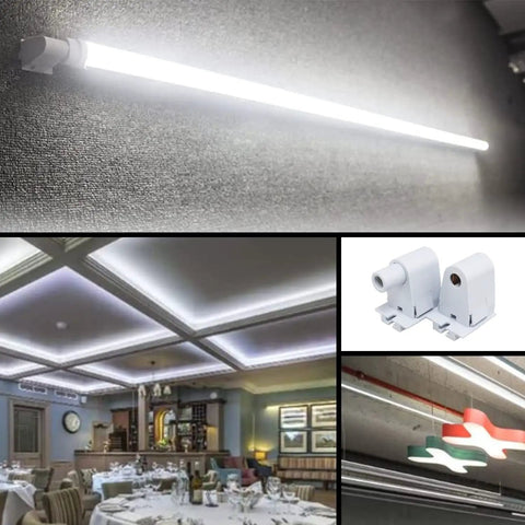 No Fuss T8 Tombstone Sockets 2 Pack White Non Shunted Lampholder Connectors in use with fluorescent fixtures in a restaurant setting.