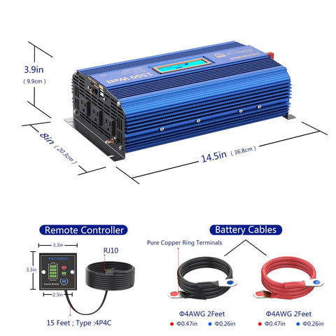 Rugged 1500 Watt Pure Sine Wave Inverter Effortlessly Converts 12V DC To 120V AC With dimensions 14.5in x 8in x 3.9in for road trips.
