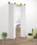 Golden 84 Inch Double Bifold Sliding Barn Door Hardware Kit For Closet Doors With Glides Like Butter And Quiet Operation Side And Top Mount Swivel Wheels 88 Inch Track No Door Included Space Saving Easy Glide installed view