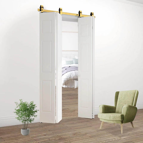 Golden 84 Inch Double Bifold Sliding Barn Door Hardware Kit For Closet Doors With Glides Like Butter And Quiet Operation Side And Top Mount Swivel Wheels 88 Inch Track No Door Included Space Saving Easy Glide installed view