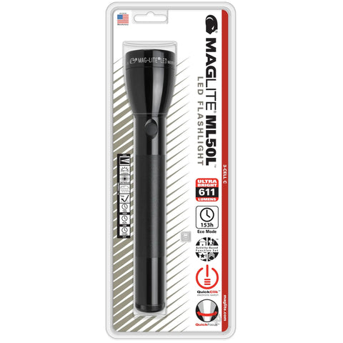 Packaged ML50L LED 3 Cell C Flashlight With Adjustable Focus From Spot To Flood And Four Mode Settings, USA Made, black body.