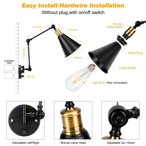 2 Pack Adjustable Swing Arm Wall Sconces Hardwired Industrial Metal Vintage Style Wall Mount Lamps With Up Down Lamp Head And Arm Joints, Bulbs Not Included, Ideal For Living Room Hallway Kitchen