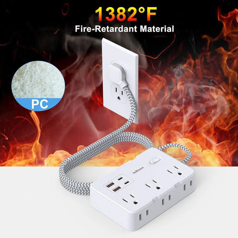 Snag This Game Changing Surge Protector Power Strip With Ten Foot Braided Extension Cord And Six Wide Spaced AC Outlets Plus Dual USB Ports For Plugging All Your Gear Up At The Dorm Or Apartment, featuring fire-retardant material.