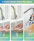 HURRAN Wall Mount Kitchen Faucet with Pull Down Sprayer, Brushed Nickel Kitchen Sink Faucet, showing 3-function sprayer head.