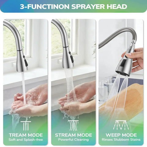 HURRAN Wall Mount Kitchen Faucet with Pull Down Sprayer, Brushed Nickel Kitchen Sink Faucet, showing 3-function sprayer head.