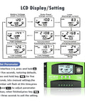 LCD display of 60A MPPT Solar Charge Controller with 12V and 24V auto tracking, dual USB ports, multi load modes, timer settings.