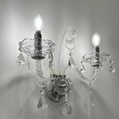 Crystal Wall Sconce Light With Double Heads And Pendant European Style Wall Lamp for Hallway features sparkling crystals and dual lights.