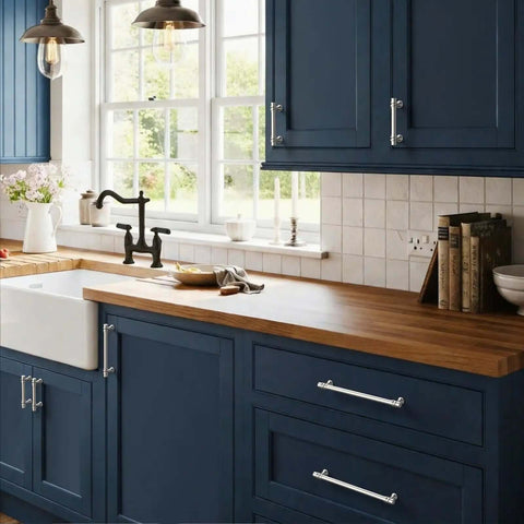 Rock Solid Heavy Duty Zinc Alloy Cabinet Pulls Set Of 10 In Brushed Satin Nickel Finish for kitchen cabinets with blue drawers
