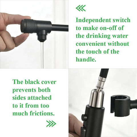 Independent switch and black cover detail on Drinking Water Faucet With Pull Down Kitchen Filtration Spout For Independent RO System Connection.