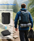 Hiker carrying Portable Toilet for Adults Foldable Camping Toilet With Lid on a trail, showcasing compact portability.