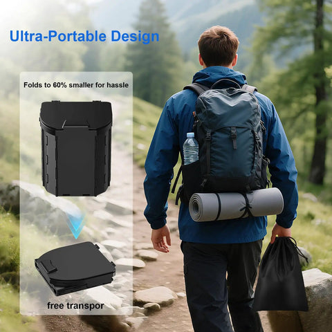 Hiker carrying Portable Toilet for Adults Foldable Camping Toilet With Lid on a trail, showcasing compact portability.