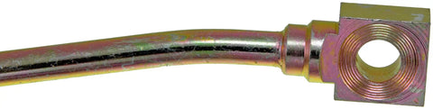 Close-up of Front Passenger Side Hydraulic Brake Hose Replacement for Select Cadillac, Chevrolet and GMC Models With Precise Fit, OEM Grade Quality, Durable Construction, No Fuss Install and DOT Approved Safety, showing metal fitting and connection point.