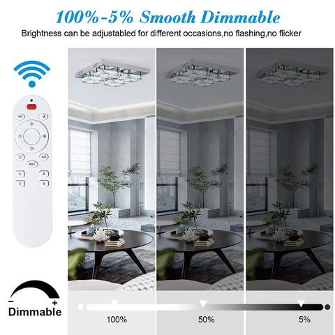 Crystal Flush Mount Chandelier With Remote Dope Modern 4 LED Square Ceiling Light Dimmable Brightness And Color Temperature 3000K 4000K 6000K Chrome Finish For Foyer Hallway Kitchen Living Room Dining Room Office, showing dimmable light settings.
