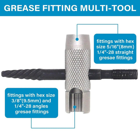 Grease fitting multi-tool with hex sizes 5/16 inch and 3/8 inch for 337 Piece SAE And Metric Grease Fittings Replacement Kit With One Quarter Inch And One Eighth Inch Zerk Fittings, M6 And M10, Straight, Forty Five And Ninety Degree, Plastic Fitting Caps, Wrench Kit Seven To Eleven Millimeter, Two Piece Red Multi Tools.