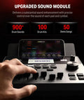 Control panel of Electric Drum Set For Adults Full Size That Feels Pro With 10 Inch Quiet Mesh Pads 12 Inch Crash Cymbals 100 Kits 900 Plus Sounds 50 Demo Songs Sticks USB MIDI And Built In Learn And Play App showing adjustments for drum kits and sounds.