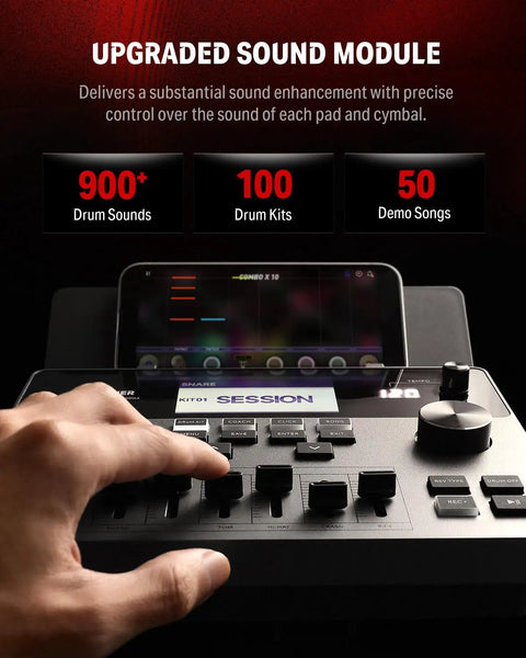 Control panel of Electric Drum Set For Adults Full Size That Feels Pro With 10 Inch Quiet Mesh Pads 12 Inch Crash Cymbals 100 Kits 900 Plus Sounds 50 Demo Songs Sticks USB MIDI And Built In Learn And Play App showing adjustments for drum kits and sounds.