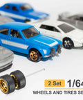 Two Pack 1 By 64 Scale Wheels And Tires With Real Riders Rims And Axles For RC Diecast Cars And DIY Models 5 Spoke Gold Rims