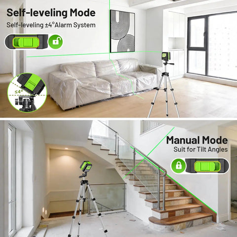 Dope Self Leveling Green Cross Line Laser Level With Tripod, 100Ft Range, Perfect For Picture Hanging, Tile, Decor And DIY Construction, Indoor Use, Battery Powered AA And Picture Hanging Strips Included, green line laser on tripod in living room