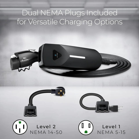 Level 1 And Level 2 Portable EV Charger With Dual Plugs NEMA 5-15 And NEMA 14-50, 240V 40 Amp Input, Travel Ready For Home Or On The Road, Works With All J1772 EVs, Black, showing charger and NEMA plugs.