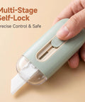 Grab-And-Go Safe Ceramic Box Cutter With Retractable Blade Mini Package Opener For Home Office And Warehouse Use Lightweight Ergonomic Green Tool close-up, self-lock switch