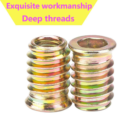Close-up of Built To Last Durable Threaded Insert Nuts For Wood With Hex Drive M5x10mm, Zinc Plated Carbon Steel