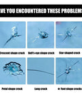 Various windshield crack types illustrated: crescent, bull's-eye, star, petal, long, and font shapes, related to Windshield Crack Repair Kit With Premium Nano Repair Fluid For Cars And Trucks, Quick Fix Glass Repair Tool Set To Repair Cracks, Chips, And Fractures, DIY Windshield Repair Kit For Safer Driving.