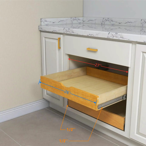 Solid Wood Pull Out Drawer 27W By 21D For Kitchen Cabinets With Full Extension Slides Roll Out Tray Natural Wood Finish Built To Last DIY Assembly Fits Standard RTA Cabinets 26 Inch Drawer Box Inside showing 27in and 26in dimensions